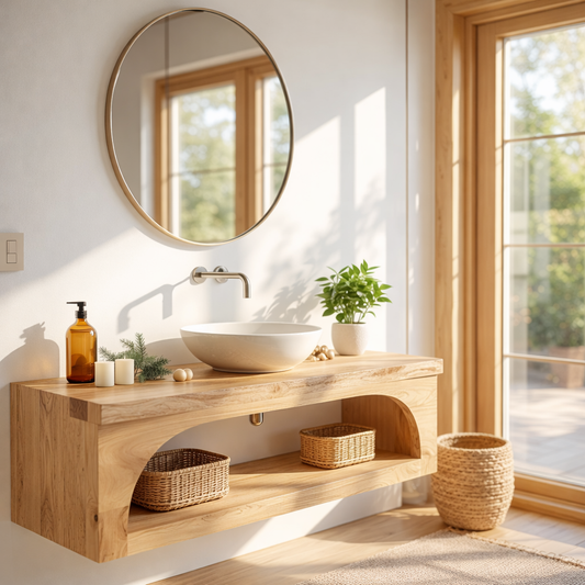Floating Vanity with Walnut Wood Finish and Spacious Storage Shelf Kitchnce