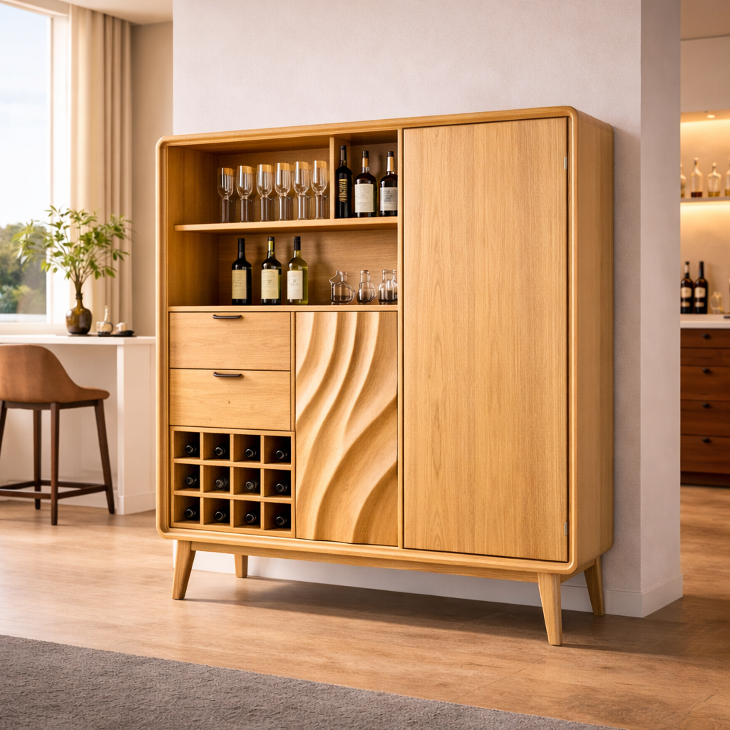 Solid Wood Bar Cabinet with Wine Rack & Storage Drawers – Mid Century Modern Liquor Cabinet