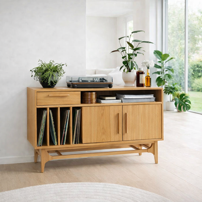 Vinyl Record Storage Sideboard Cabinet with Open Shelf and Drawer – Media Console