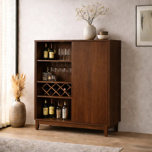 Solid Wood Bar Cabinet with Wine Rack and Glass Storage – Modern Oak Liquor Cabinet Kitchnce