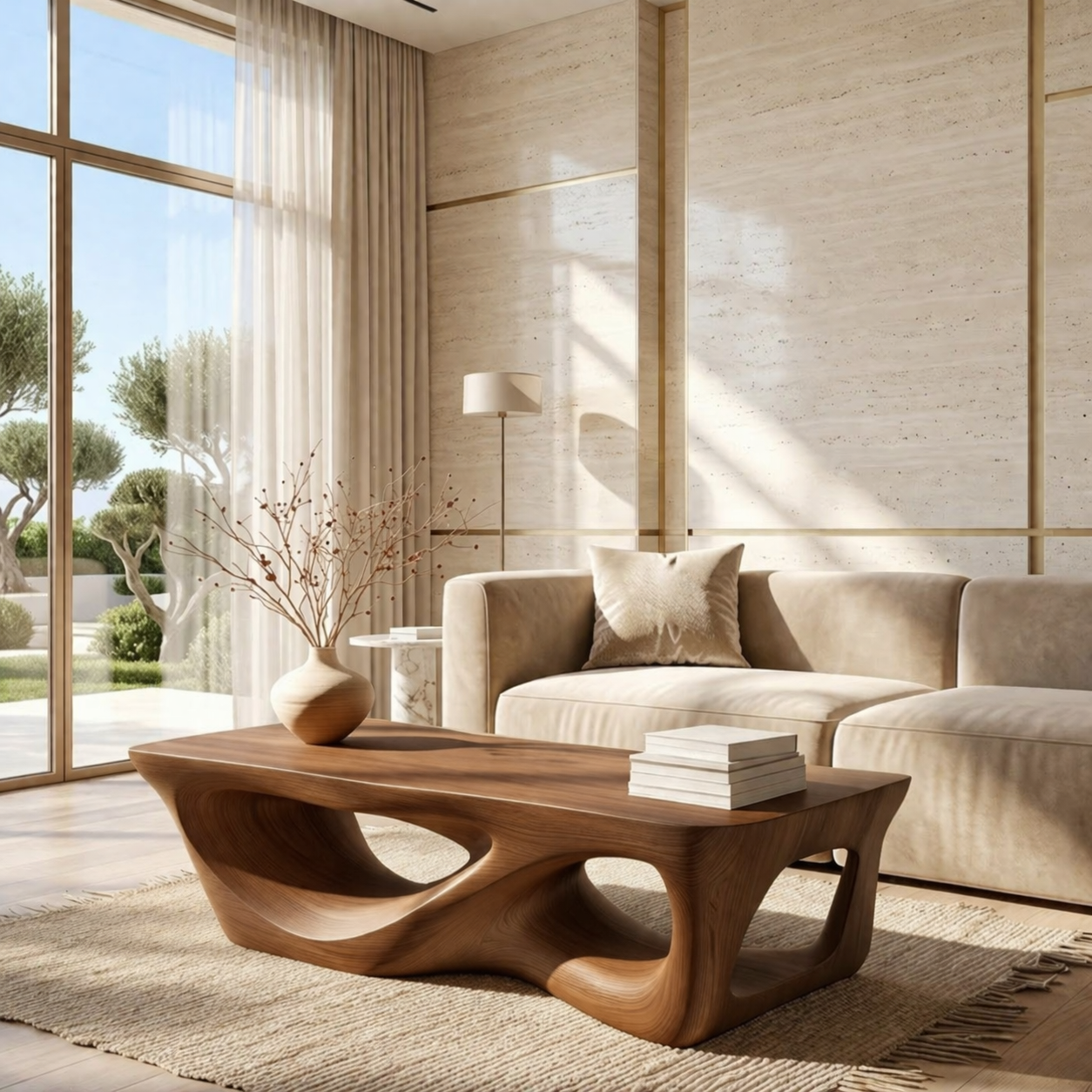 Organic Sculptural Coffee Table with Openwork Base, Modern Living Room Centerpiece