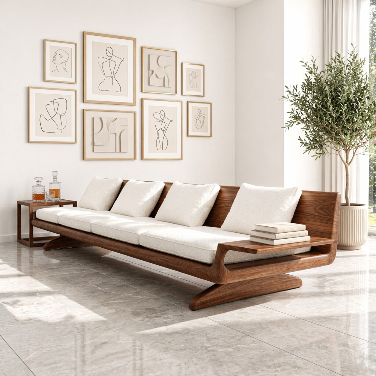 Modern Wooden Sofa, Minimalist Daybed Couch with Integrated Side Display Shelving