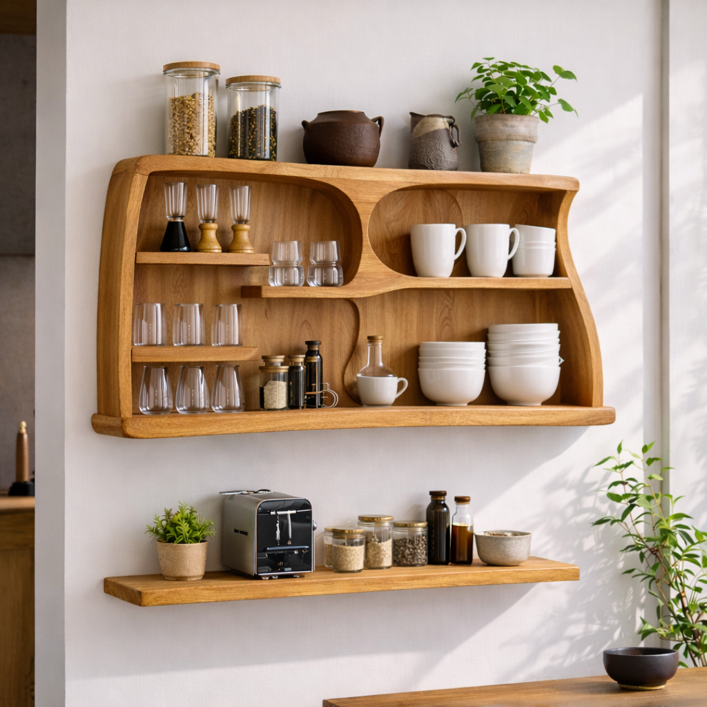 Solid Wood Kitchen Cabinet Shelf – Wall Mounted Open Storage with Natural Wood Grain