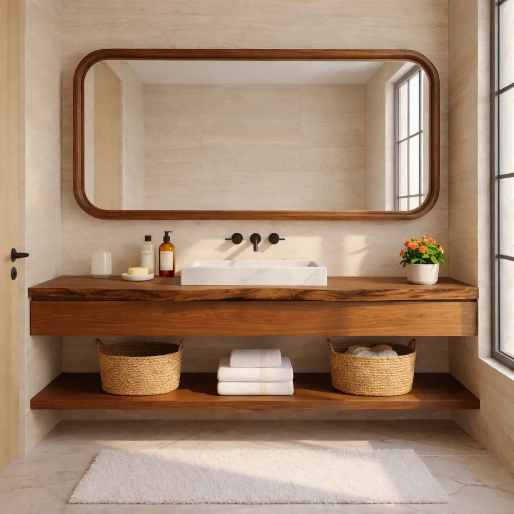 Natural Wood Floating Vanity with Round Mirror and Black Faucets Kitchnce