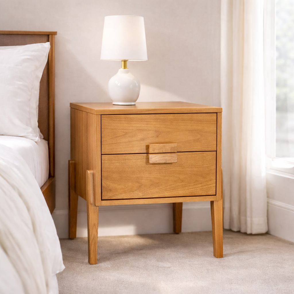 Solid Wood Nightstand with 2 Drawers – Minimalist Modern Bedside Table