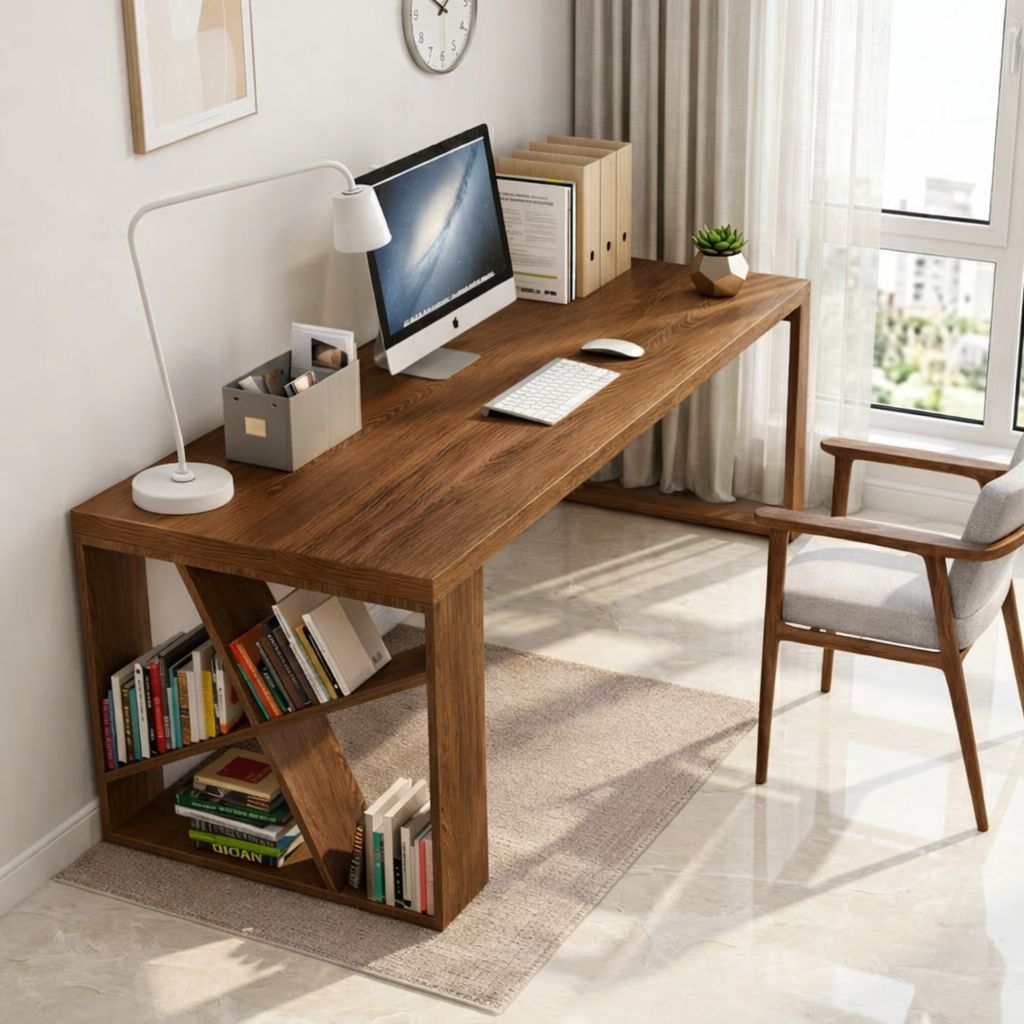 Modern Writing Desk with Bookshelf Base, Long Minimalist Home Office Workstation Table
