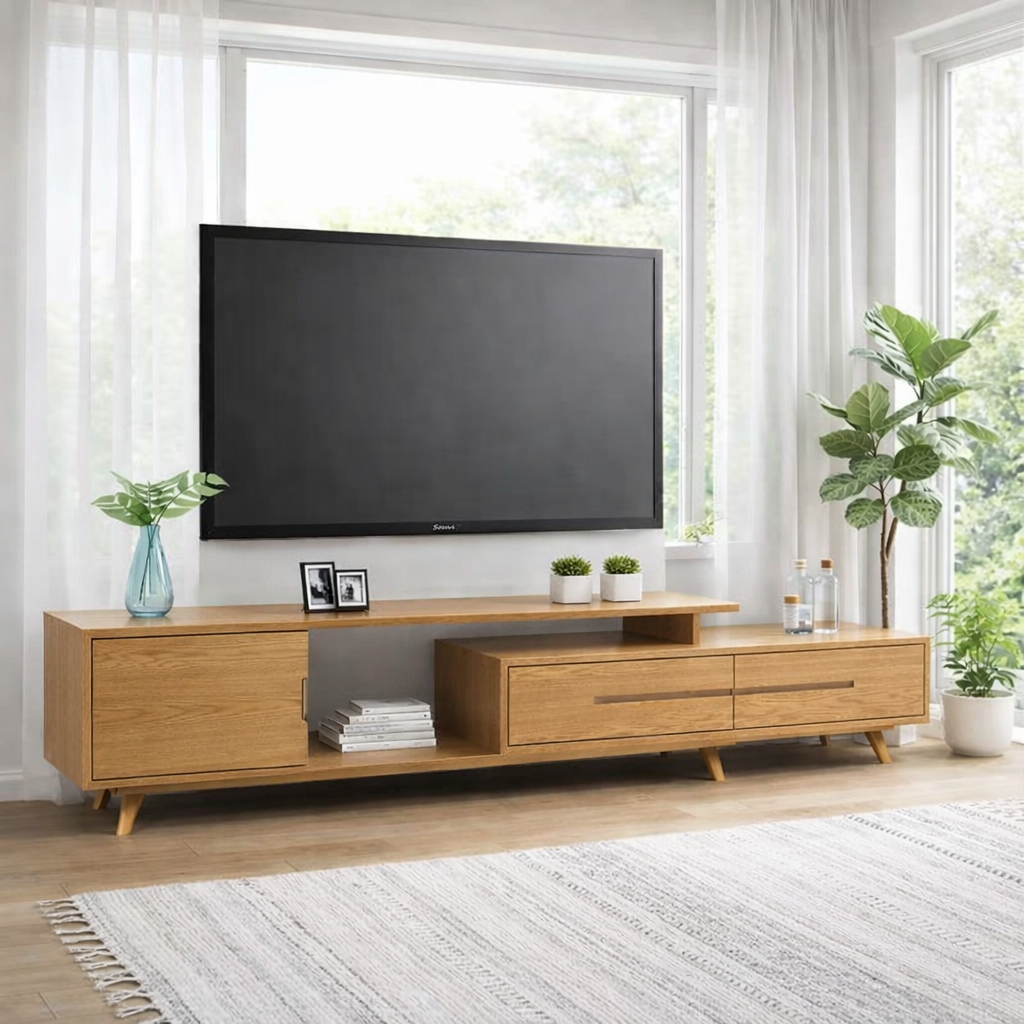 Modern Solid Wood TV Console with Drawers & Open Shelf – Low Media Unit