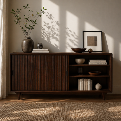 Solid Wood Sideboard Cabinet with Sliding Slatted Doors & Open Shelf Storage