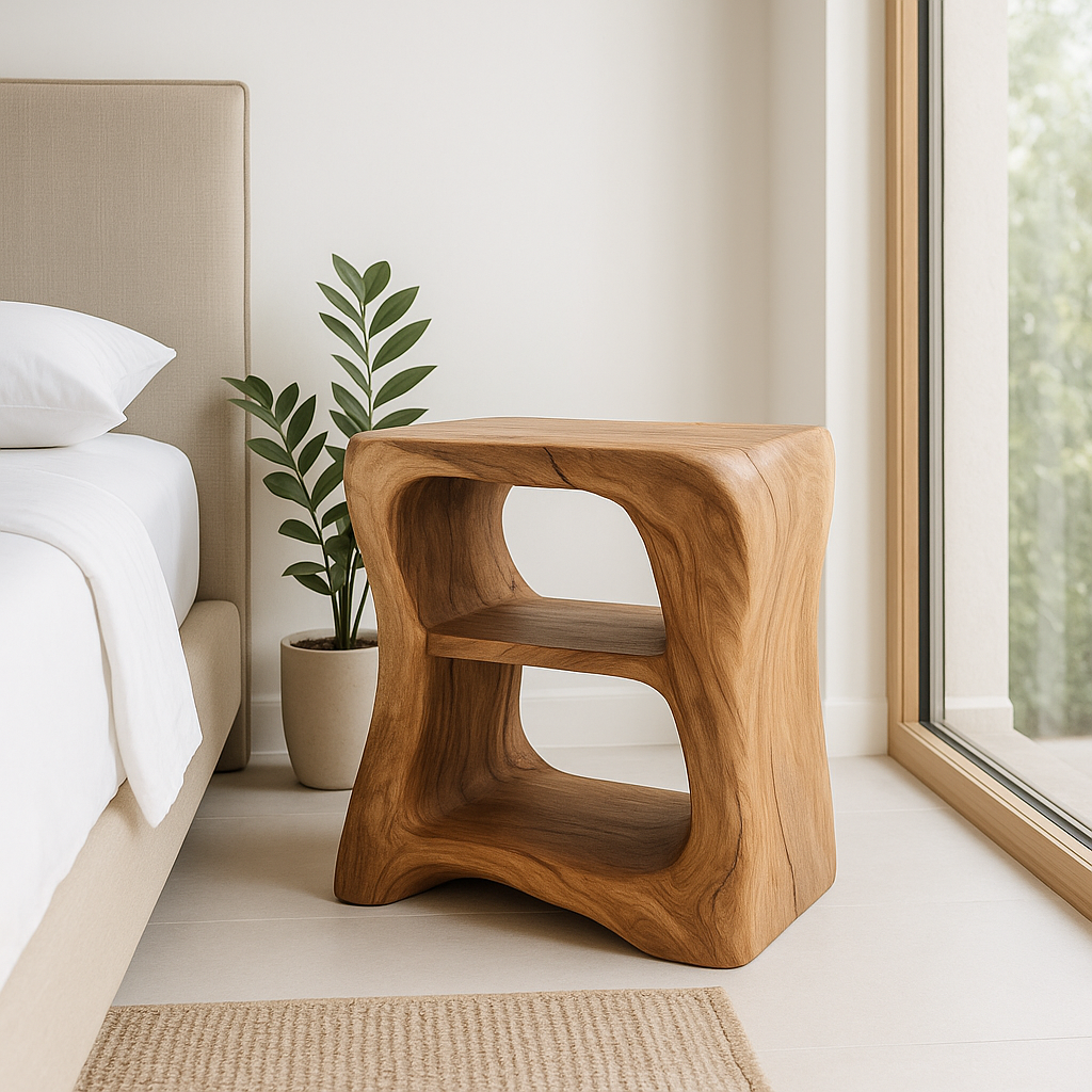 Modern Wooden Nightstand with Curved Design - Solid Wood Bedside Table for Bedroom Kitchnce