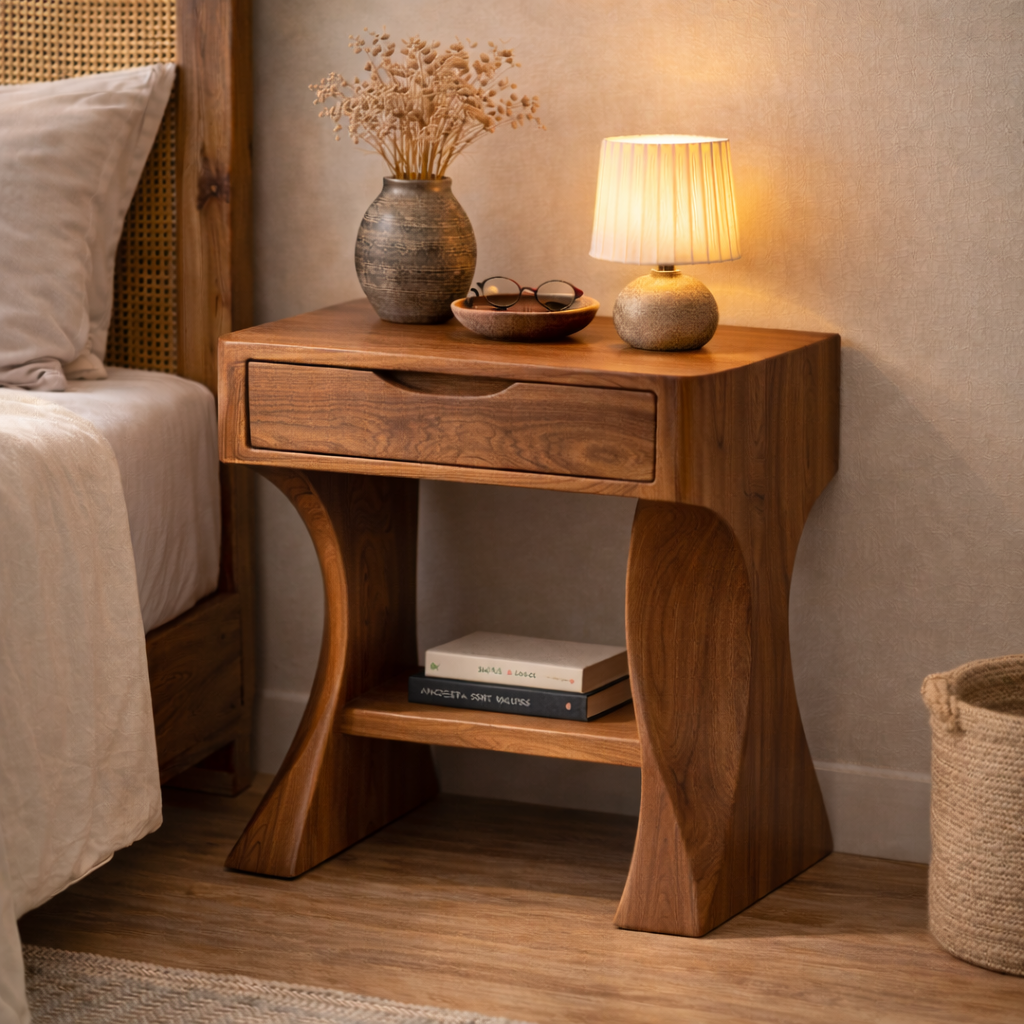 Solid Walnut Nightstand with Drawer and Shelf – Modern Curved Wood Bedside Table