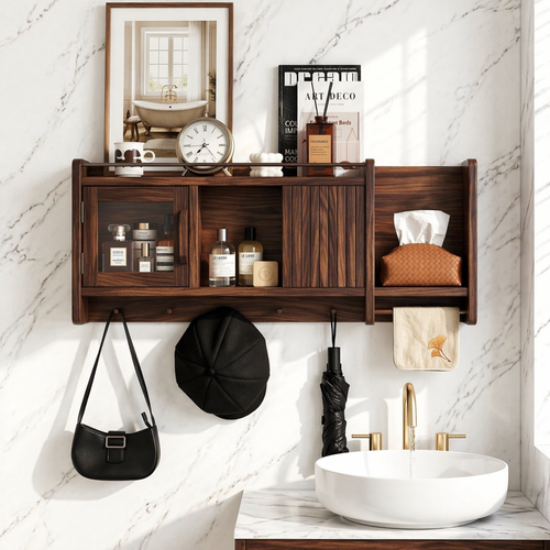 Floating Bathroom Cabinet, Wall Mounted Vanity Shelf Organizer With Tissue Holder