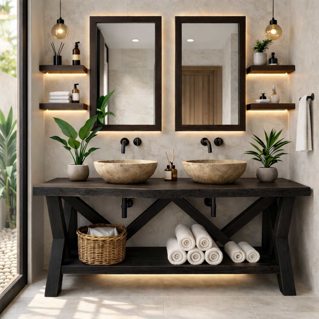 Rustic Double Bathroom Vanity Cabinet With Open Shelf Farmhouse Wood Vanity Base Kitchnce