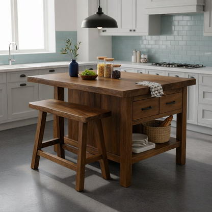 Live Edge Solid Wood Kitchen Island with Storage Drawers - Rustic Farmhouse Butcher Block Station