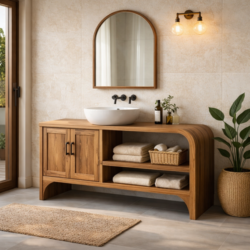Solid Wood Bathroom Vanity Cabinet with Open Shelf and Double Doors Storage