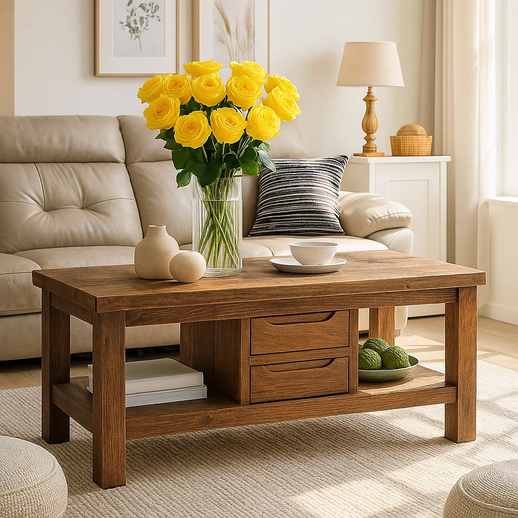 Handcrafted Solid Wood Coffee Table – Modern Farmhouse Center Table with Drawers and Open Shelf for Cozy Living Room Kitchnce