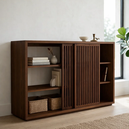 Solid Oak Console Cabinet with Sliding Slatted Doors – Modern Storage Sideboard