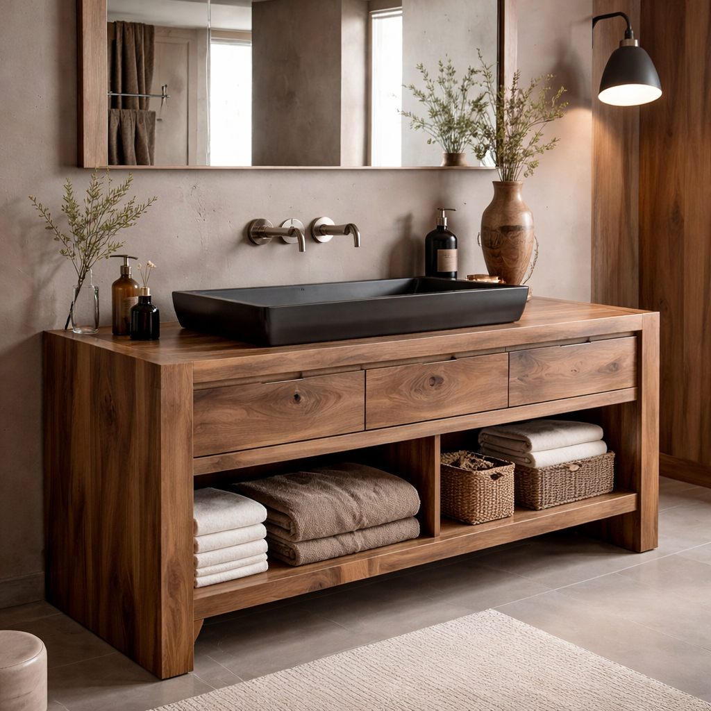 Solid Wood Bathroom Vanity Cabinet with Drawers & Open Shelf – Modern Walnut Vanity Base