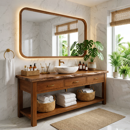 Elegant Wooden Bathroom Vanity with Spacious Storage and Marble Sink Kitchnce