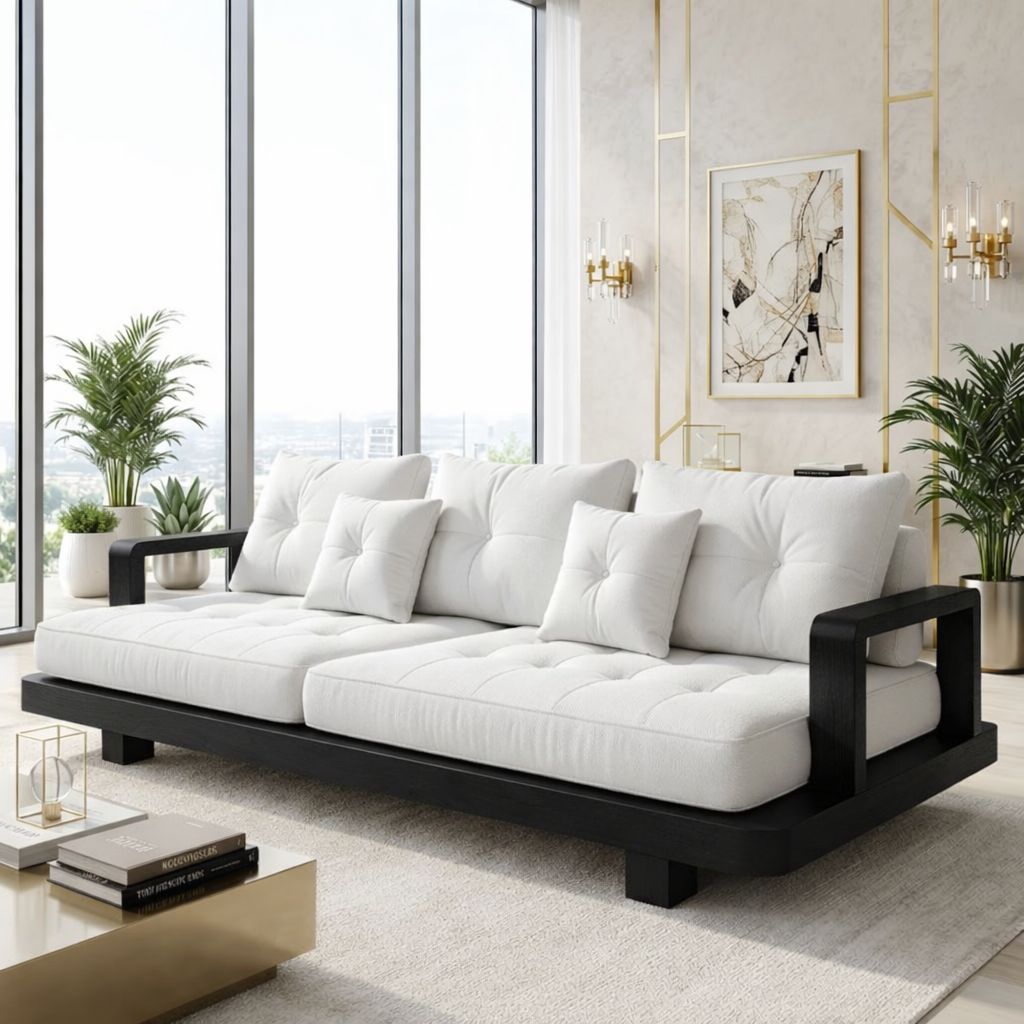 Modern Minimalist Solid Wood Sofa with White Tufted Cushions Zen Living Room Couch