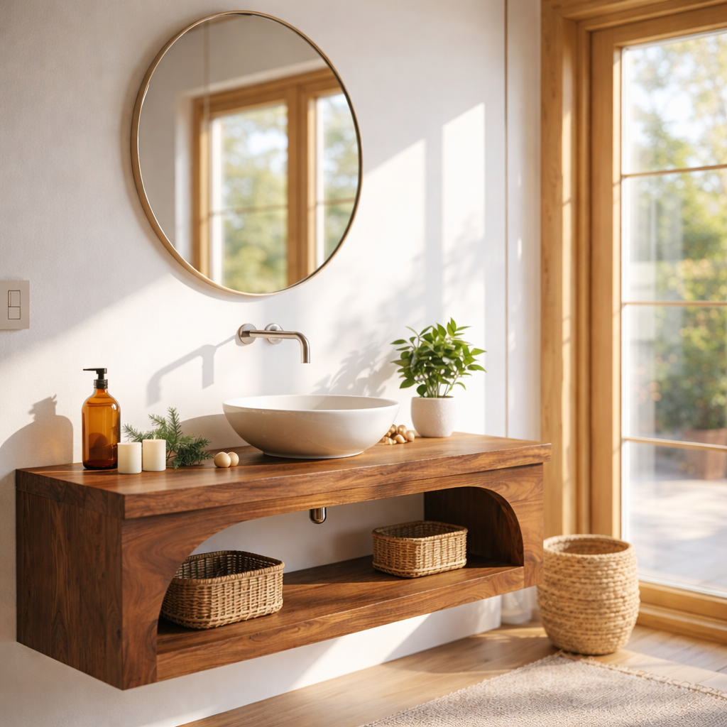 Floating Vanity with Walnut Wood Finish and Spacious Storage Shelf Kitchnce