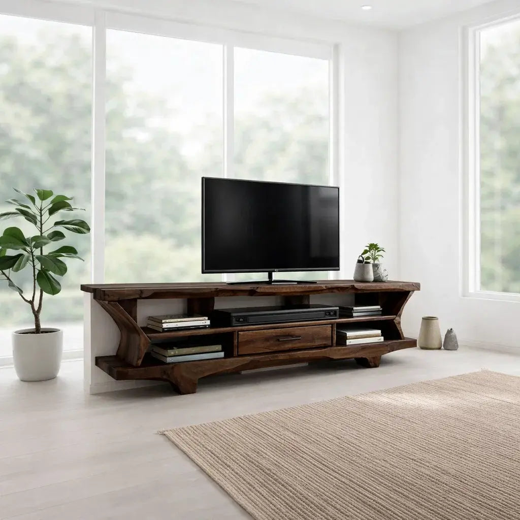 Solid Wood TV Cabinet with Live Edge – Rustic Oak Media Console Kitchnce