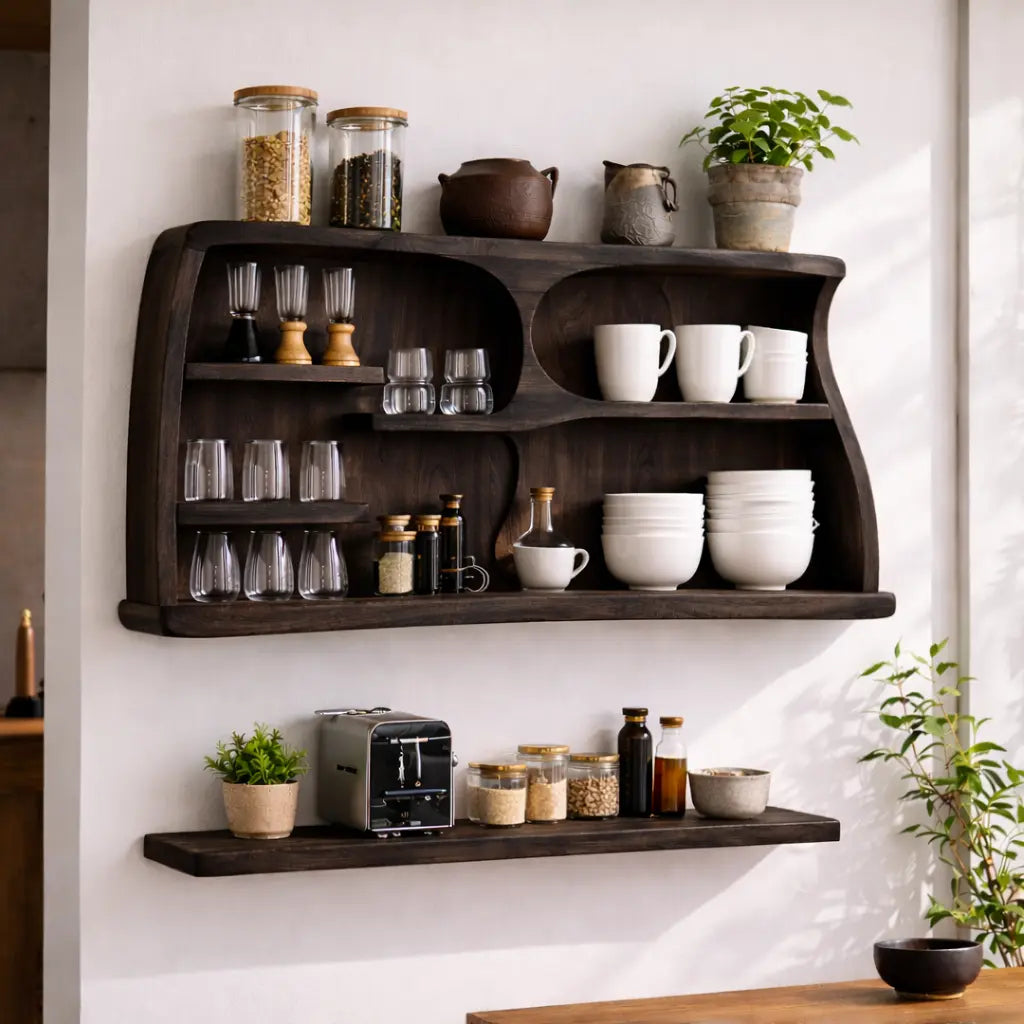 Solid Wood Kitchen Cabinet Shelf – Wall Mounted Open Storage with Natural Wood Grain Kitchnce