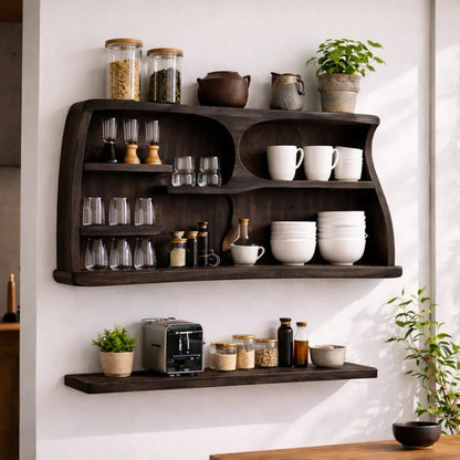 Solid Wood Kitchen Cabinet Shelf – Wall Mounted Open Storage with Natural Wood Grain Kitchnce