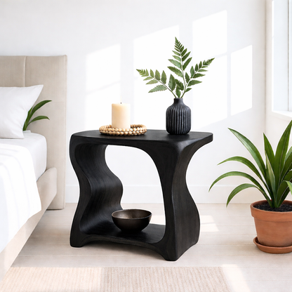 Modern Wooden Nightstand with Curved Design for Bedroom - Natural Wood Finish Kitchnce