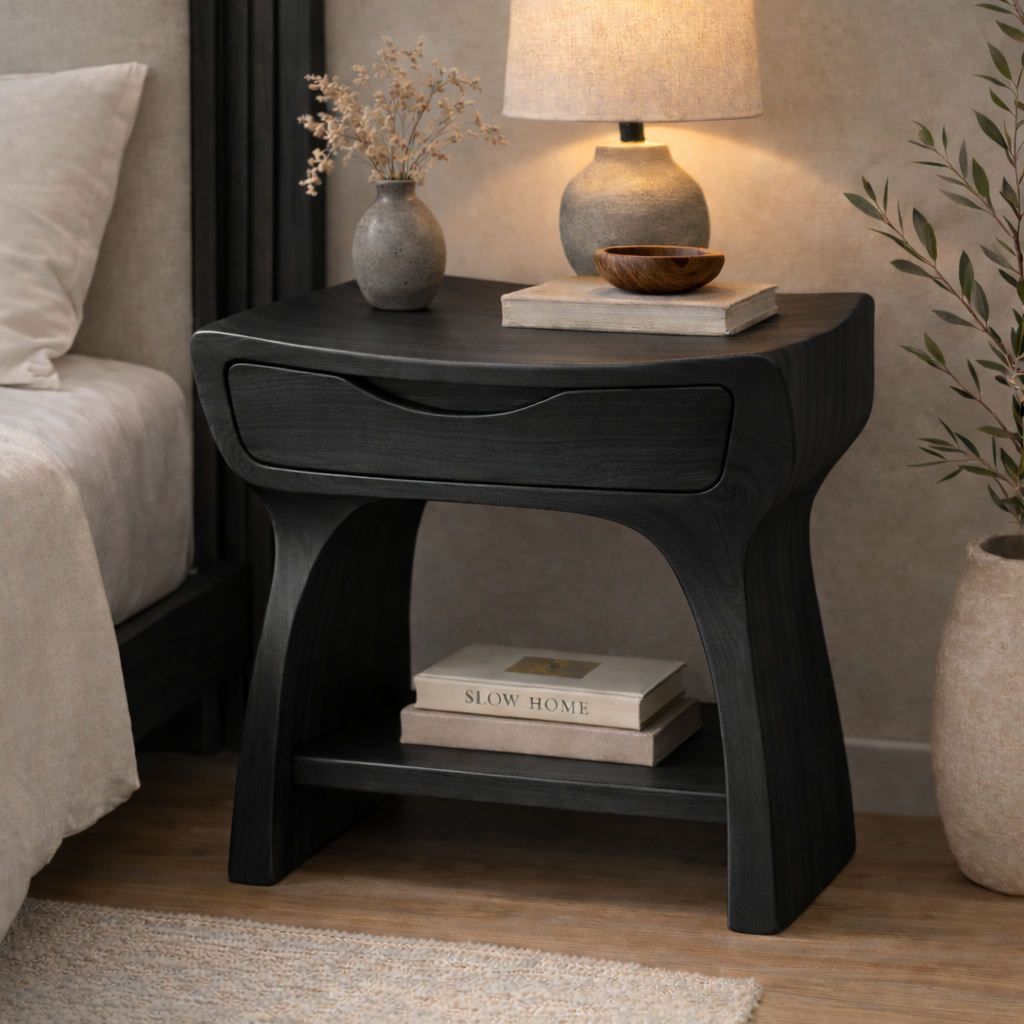 Solid Wood Nightstand with Drawer and Shelf – Modern Curved Bedside Table Kitchnce