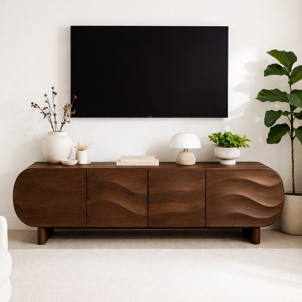 Modern Curved Wood TV Stand Long Media Console Storage Cabinet Low Profile Entertainment Center Kitchnce