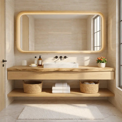 Natural Wood Floating Vanity with Round Mirror and Black Faucets Kitchnce