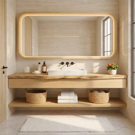 Natural Wood Floating Vanity with Round Mirror and Black Faucets Kitchnce