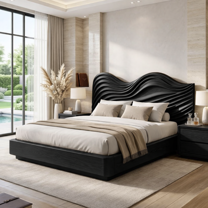 Modern Wave Headboard Bed Frame, Luxury Platform Bedroom Furniture Design