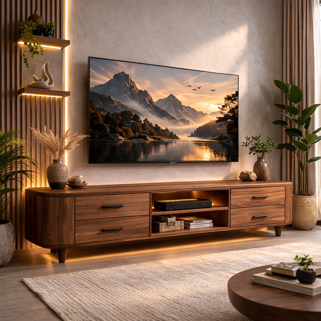 Mid Century Solid Wood TV Stand with Drawers and Open Shelf – Modern Media Console Kitchnce