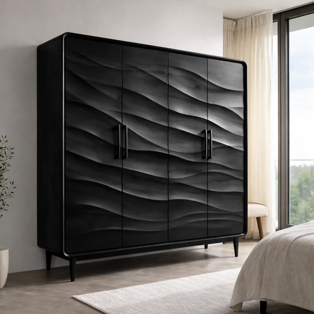 Wave-Design Solid Wood Wardrobe with Modern Storage – Elegant Bedroom Furniture