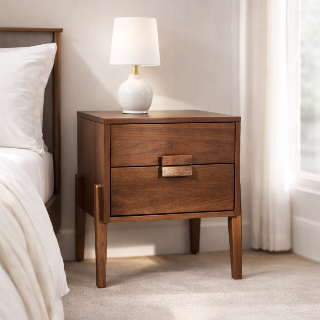 Solid Wood Nightstand with 2 Drawers – Minimalist Modern Bedside Table