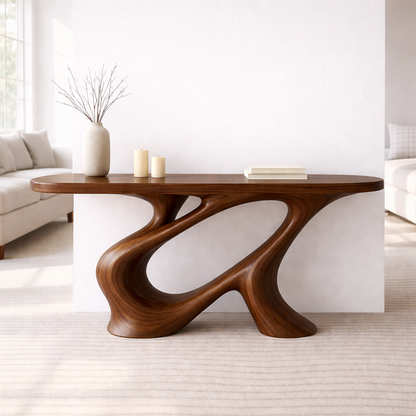 Modern Solid Wood Console Table, Sculptural Organic Base Walnut Entryway Hallway Statement Furniture Kitchnce