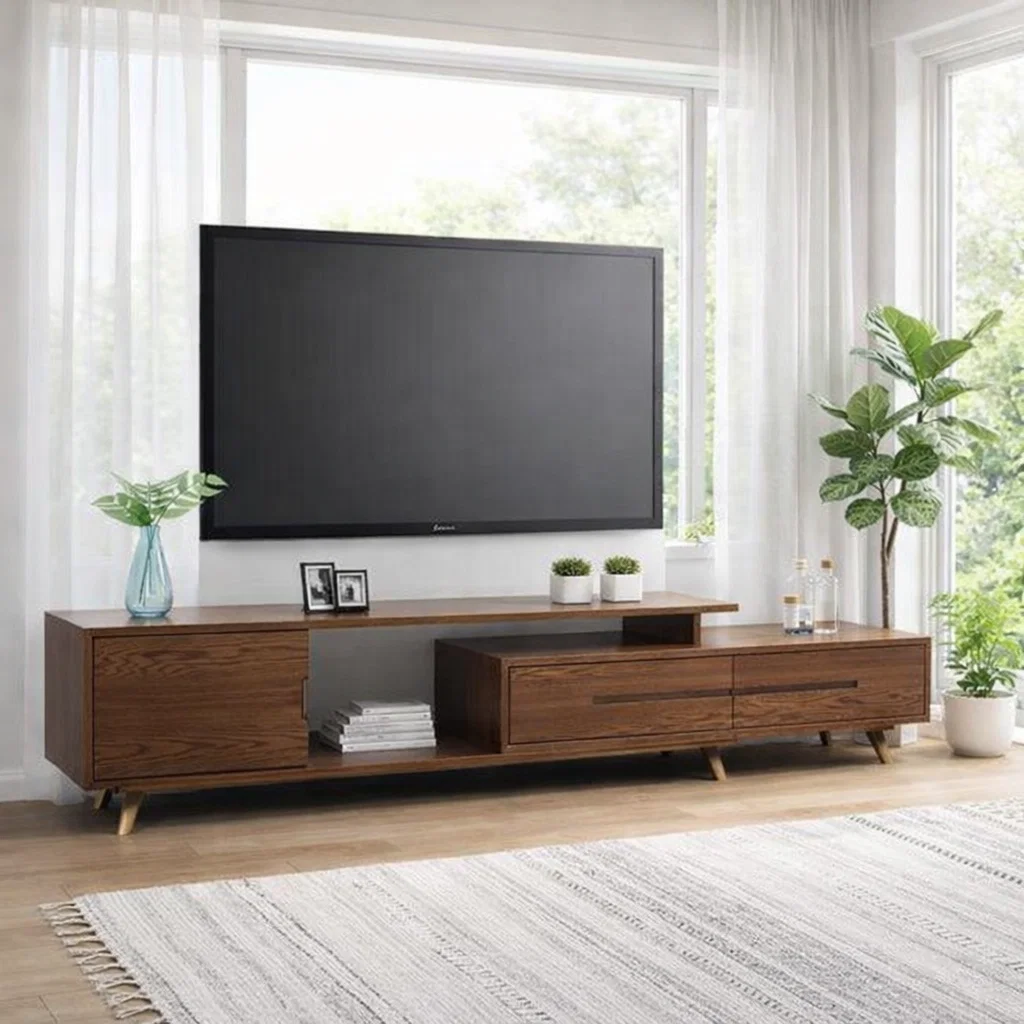 Modern Solid Wood TV Console with Drawers & Open Shelf – Low Media Unit