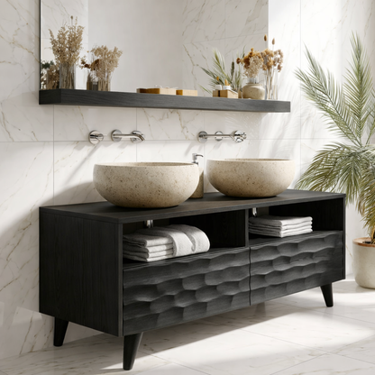 Modern Solid Wood Double Bathroom Vanity with Open Storage and Textured Drawers