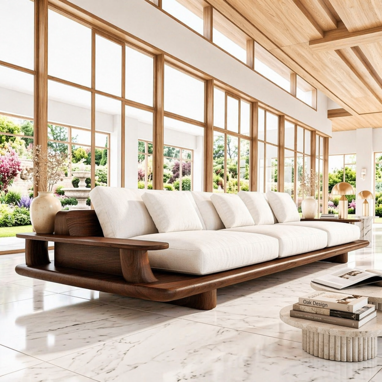 Modern Wooden Platform Sofa, Luxury Minimalist Couch with Integrated Side Tables