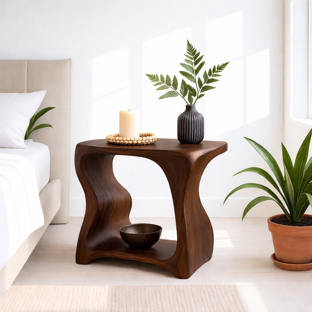 Modern Wooden Nightstand with Curved Design for Bedroom - Natural Wood Finish Kitchnce