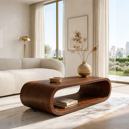Modern Curved Coffee Table with Open Shelf for Contemporary Minimalist Interiors