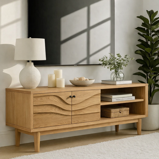 Mid Century Solid Wood TV Stand Wave Front Media Console Modern Entertainment Cabinet Kitchnce