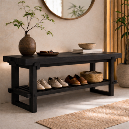 Solid Oak Entryway Bench with Storage Shelf | Modern Hallway Seating Kitchnce