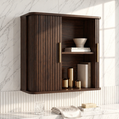 Floating Bathroom Cabinet, Modern Slatted Wall Mounted Vanity Storage Organizer Shelf