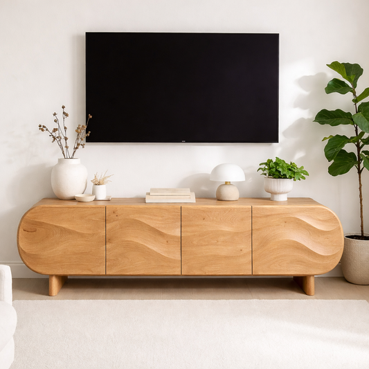 Modern Curved Wood TV Stand Long Media Console Storage Cabinet Low Profile Entertainment Center Kitchnce