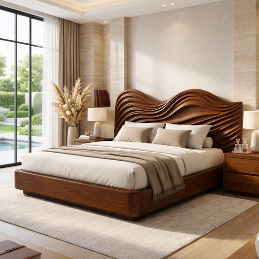 Modern Wave Headboard Bed Frame, Luxury Platform Bedroom Furniture Design