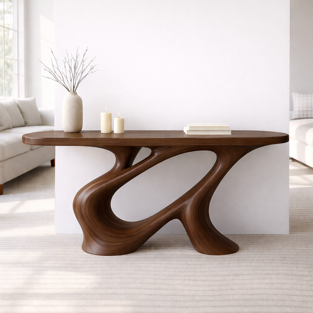 Modern Solid Wood Console Table, Sculptural Organic Base Walnut Entryway Hallway Statement Furniture Kitchnce