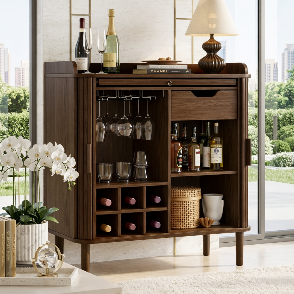Elegant Modern Wooden Bar Cabinet, Fluted Home-Bar Console with Wineglass Storage