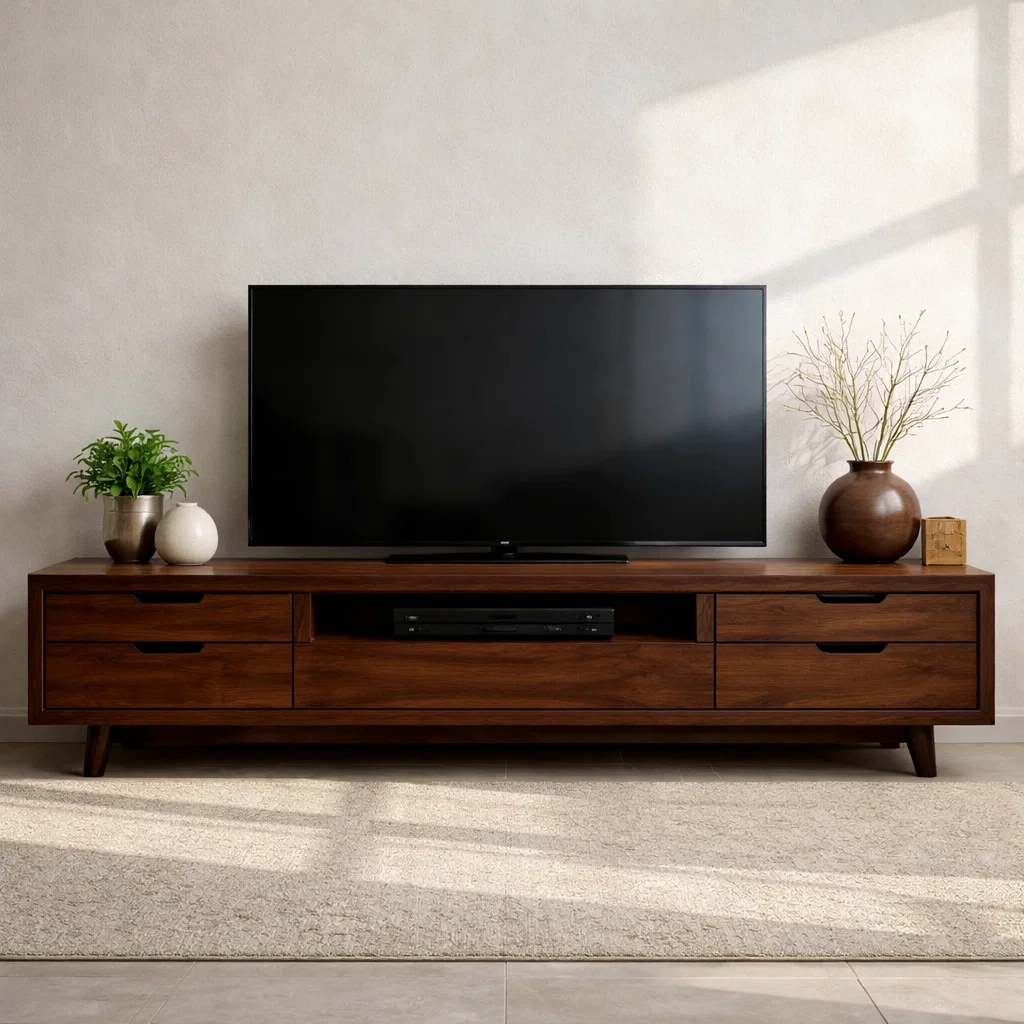 Solid Wood Media Console with Drawers – Modern TV Stand with Open Shelf Storage